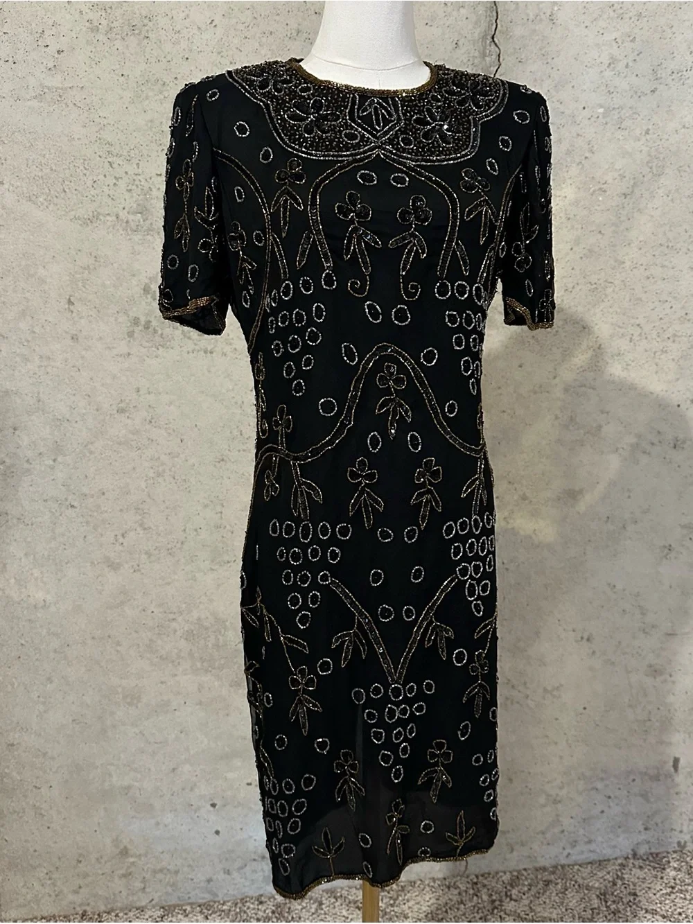 Vintage 80s Silk Beaded Cocktail Dress Art Deco Evening Wear Size MP - Picture 1 of 8